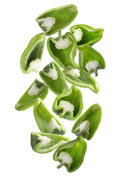 Image of Falling ripe green bell peppers on white background
