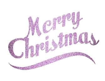 Glittery violet text Merry Christmas on white background