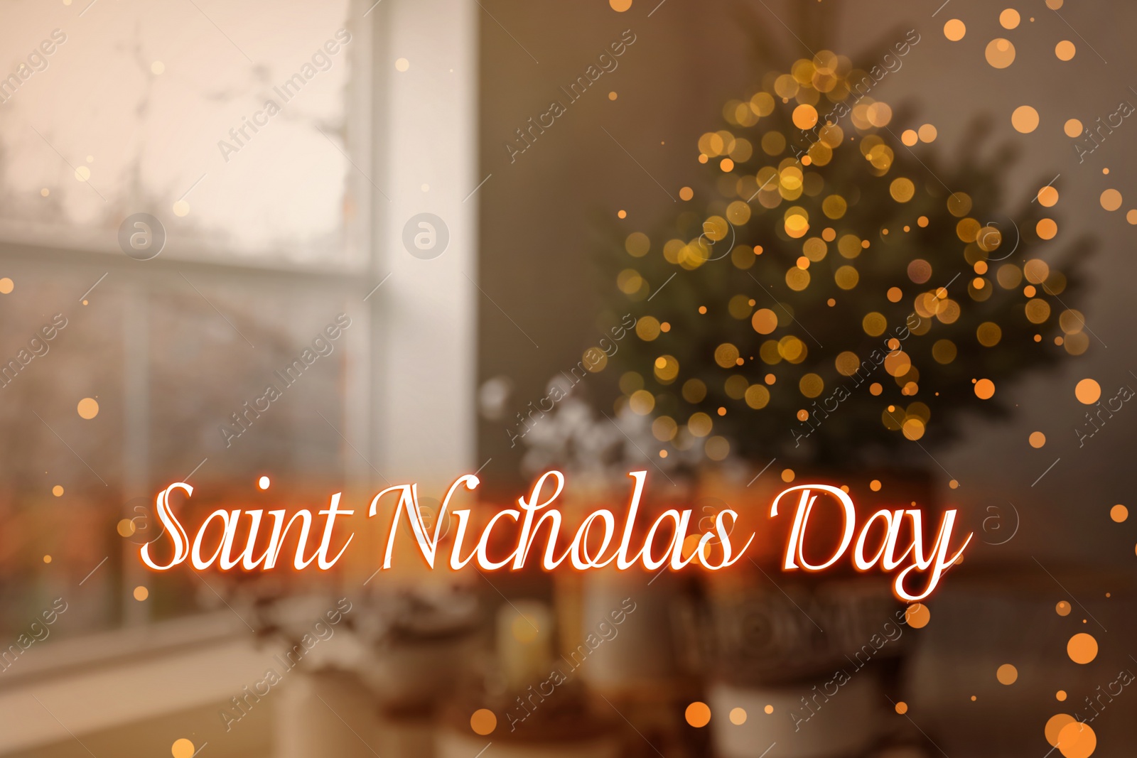 Image of Saint Nicholas Day. Blurred view of Christmas tree in room