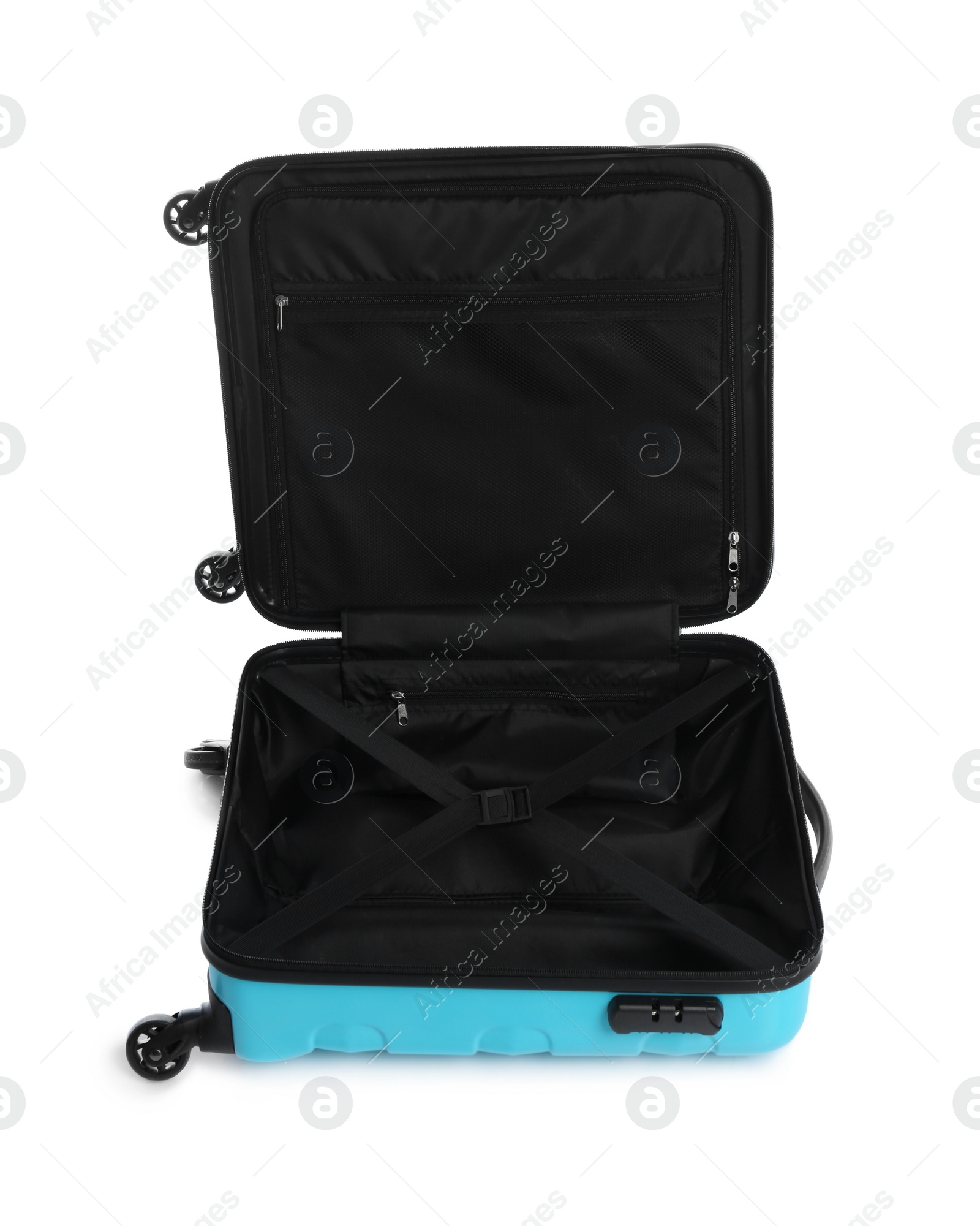 Photo of Open suitcase for travelling on white background