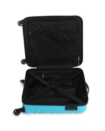 Photo of Open suitcase for travelling on white background