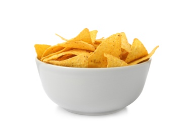 Photo of Ceramic bowl of Mexican nachos chips on white background