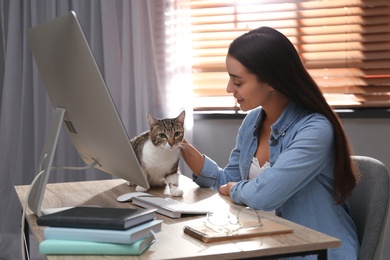 Photo of Young woman stroking cat at table. Home office concept