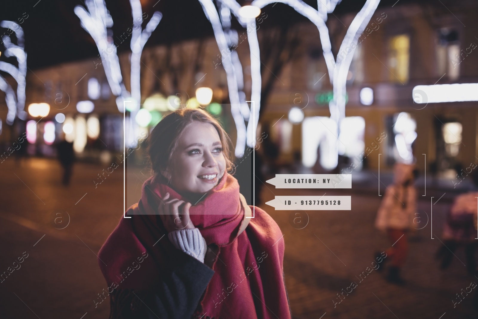 Image of People search by facial recognition. Woman outdoors with scanner frame on face and her private information