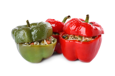 Photo of Tasty stuffed bell peppers isolated on white