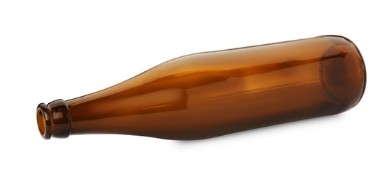 Photo of One empty brown beer bottle isolated on white