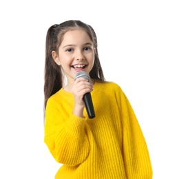 Photo of Little girl singing into microphone on white background