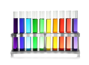 Rack with test tubes of color liquid isolated on white. Solution chemistry