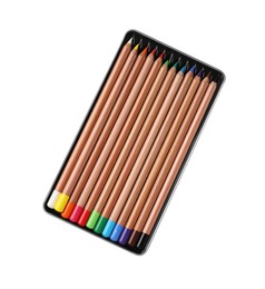 Box with many colorful pastel pencils isolated on white, top view. Drawing supplies