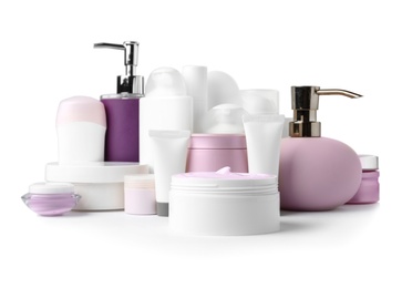 Photo of Different body care products on white background