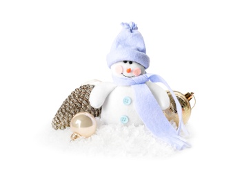 Cute snowman and Christmas decoration on white background