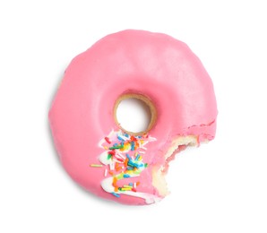 Photo of Sweet bitten glazed donut decorated with sprinkles isolated on white, top view