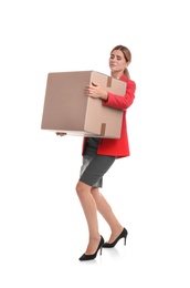 Full length portrait of woman carrying carton box on white background. Posture concept