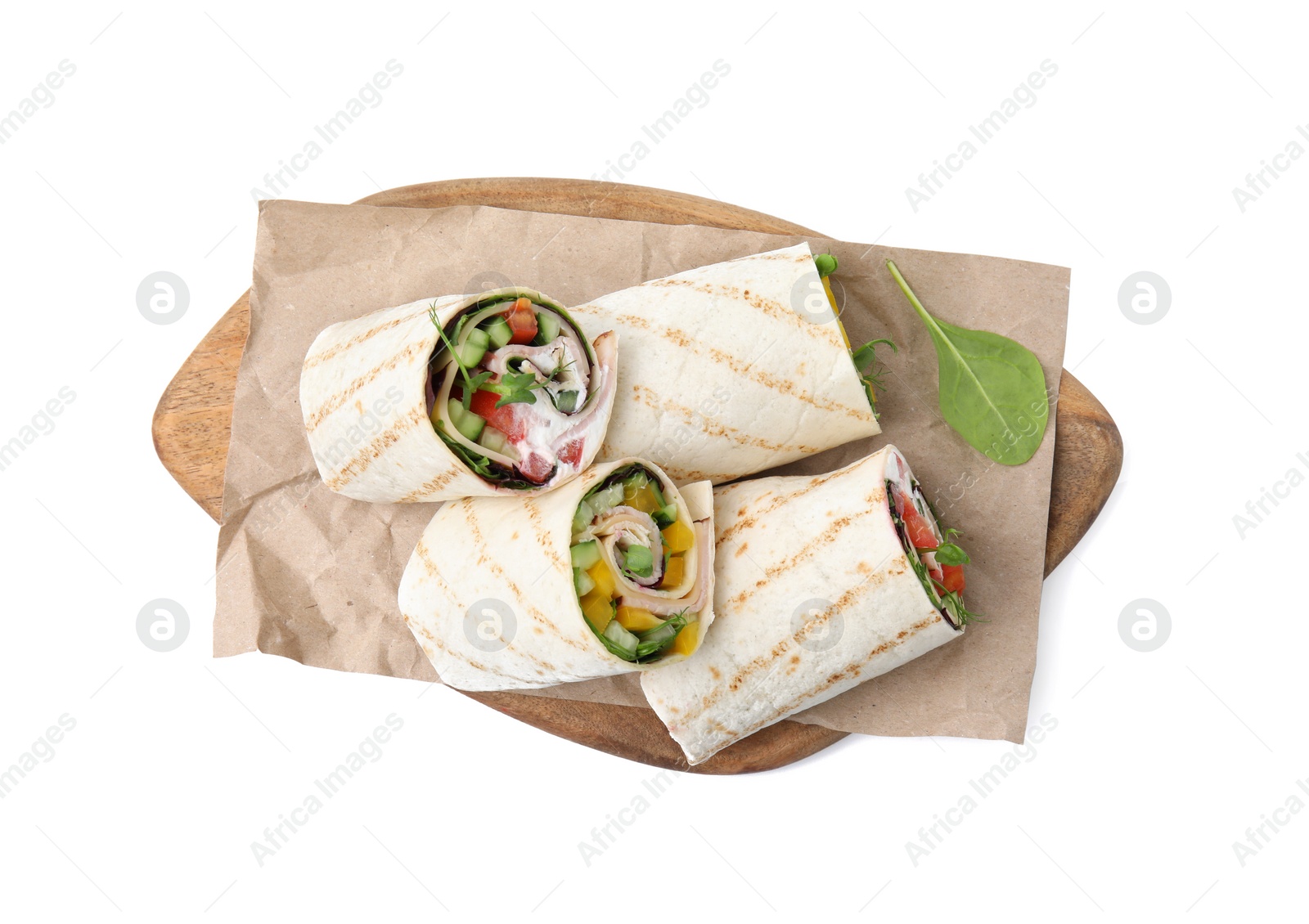 Photo of Delicious sandwich wraps with fresh vegetables isolated on white, top view