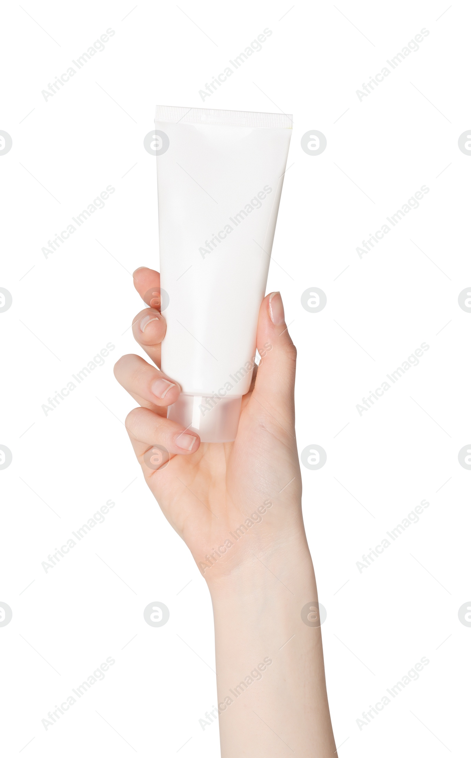 Photo of Woman holding tube of face cleansing product on white background, closeup