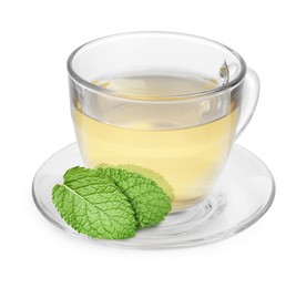 Image of Green tea in glass cup and green leaves isolated on white