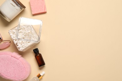 Photo of Bath accessories. Flat lay composition with personal care products on beige background, space for text