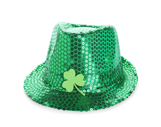 Photo of Green leprechaun hat with clover leaf isolated on white. St. Patrick's Day celebration
