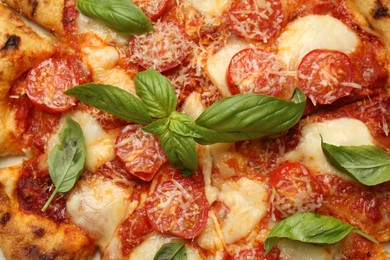 Delicious Margherita pizza as background, top view