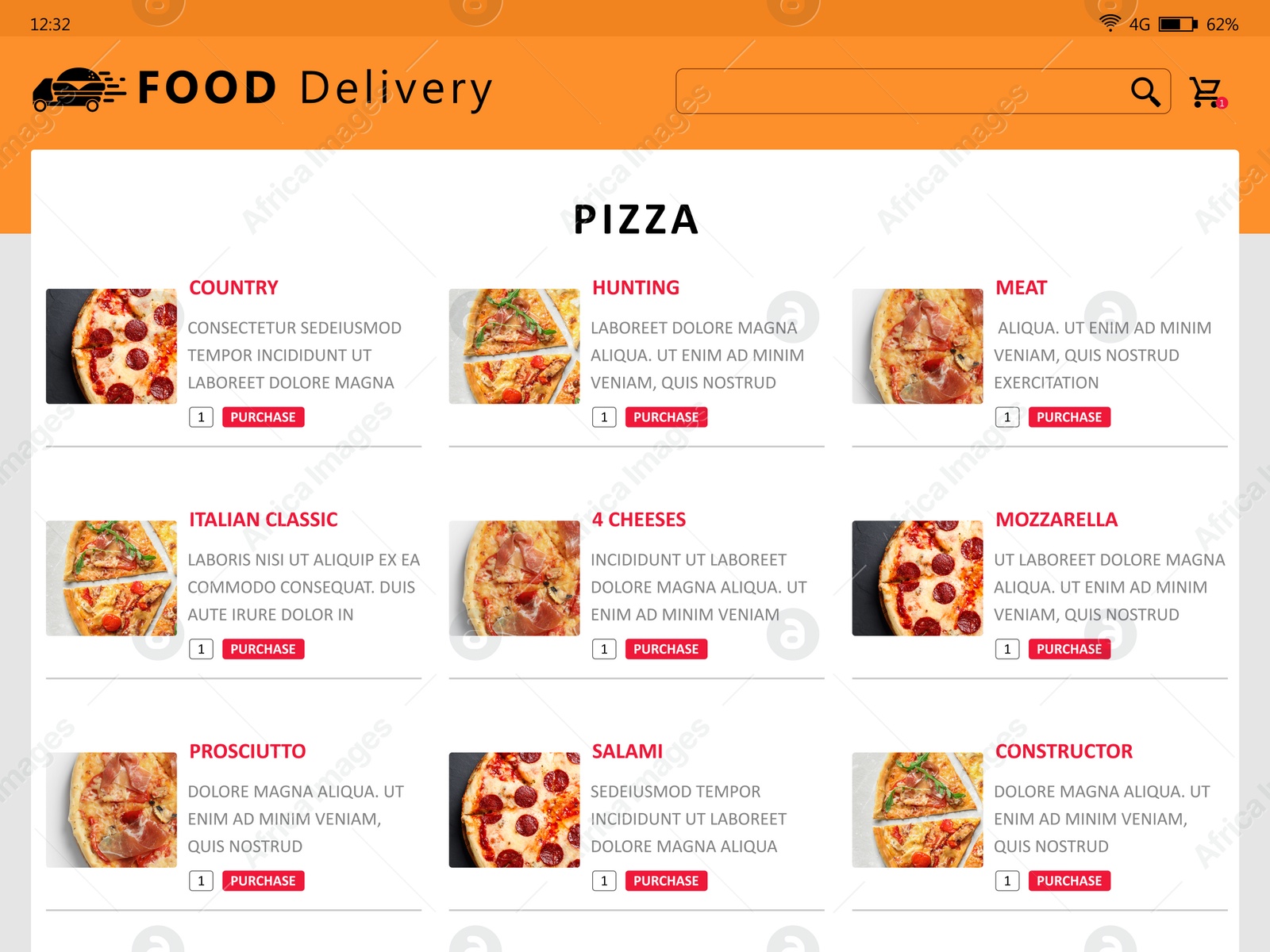 Image of Food delivery app. Display with appetizing menu