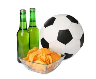 Photo of Soccer ball, beer and chips on white background