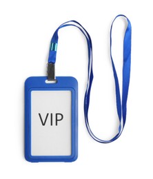 Photo of Blue vip badge isolated on white, top view