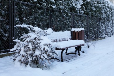 Trash bin and wooden bench covered with snow in morning park