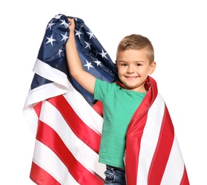 Photo of Little boy with American flag on white background