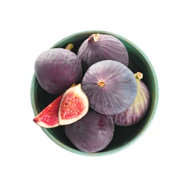 Bowl with whole and cut purple figs on white background, top view