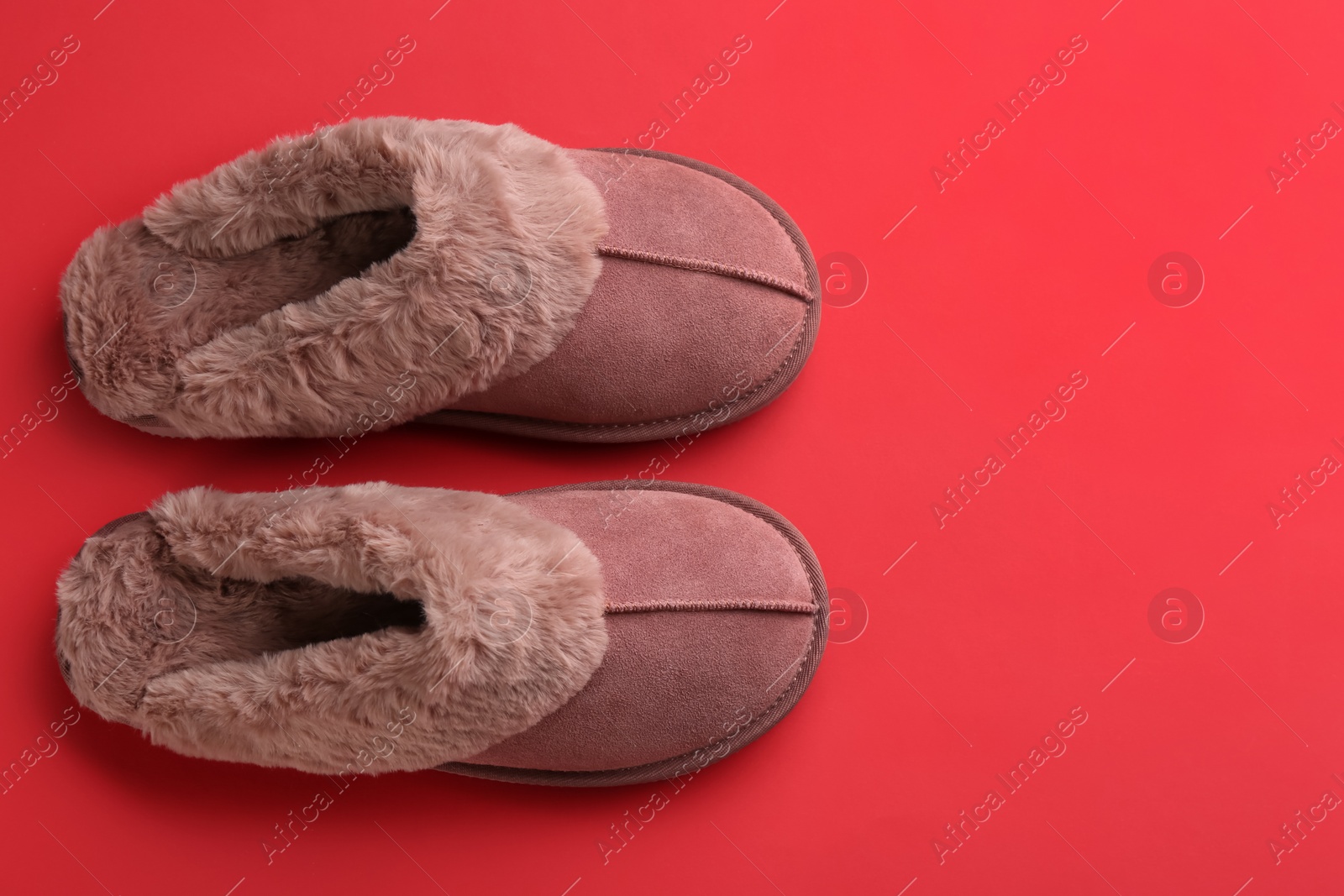 Photo of Pair of stylish soft slippers on red background, flat lay. Space for text