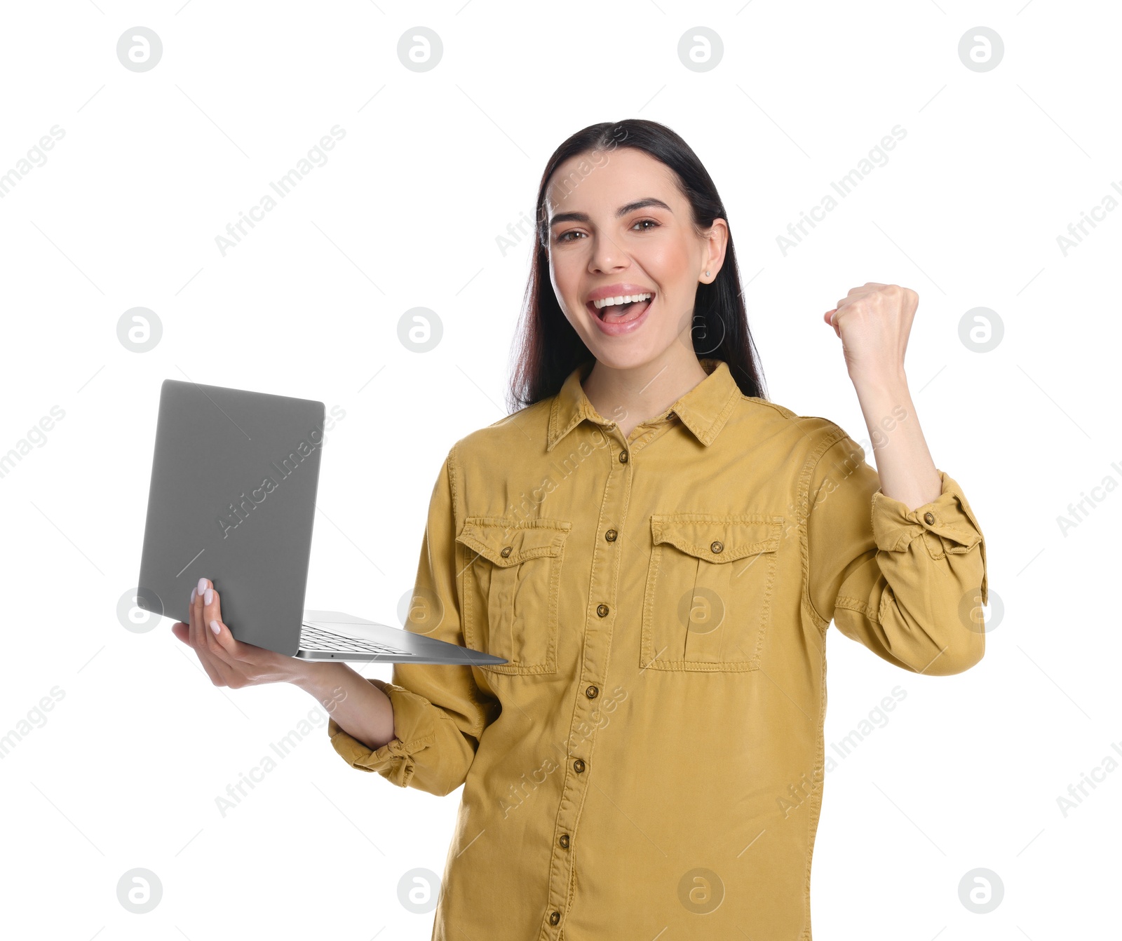 Photo of Cheerful woman with laptop on white background