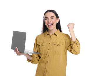 Cheerful woman with laptop on white background