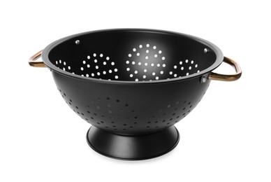 Photo of One black metal colander isolated on white