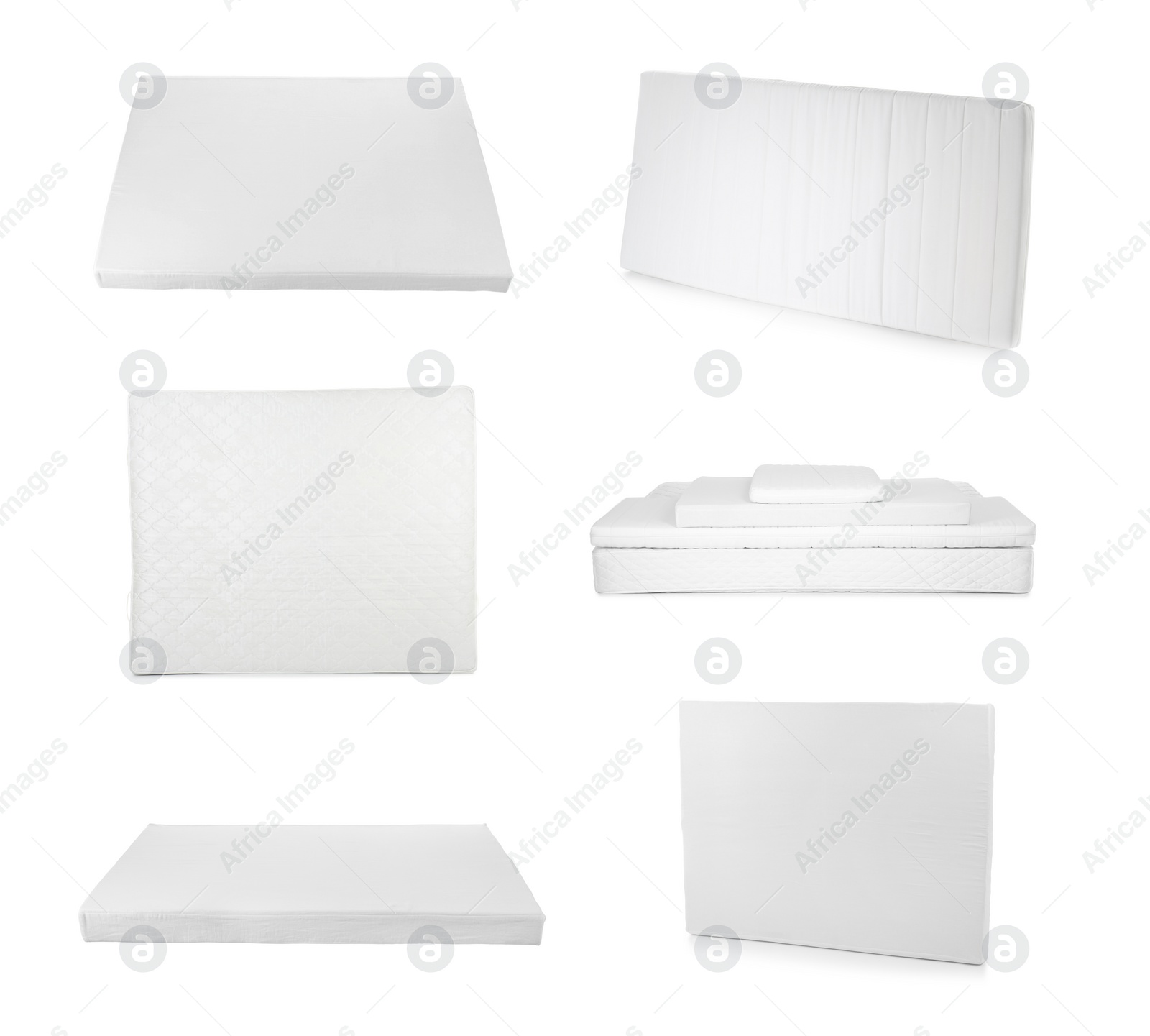 Image of Set with modern comfortable mattresses on white background 