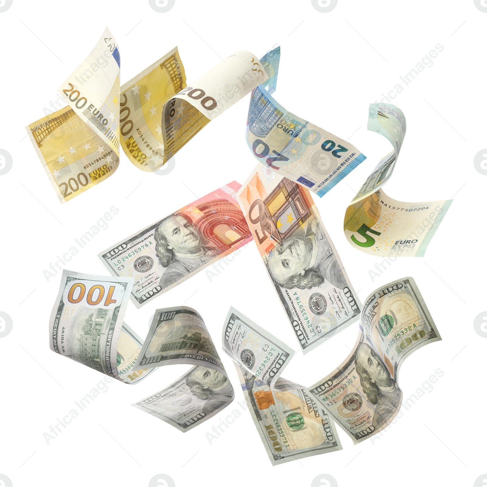 Image of Money exchange. Euro banknotes turning into dollars while falling on white background