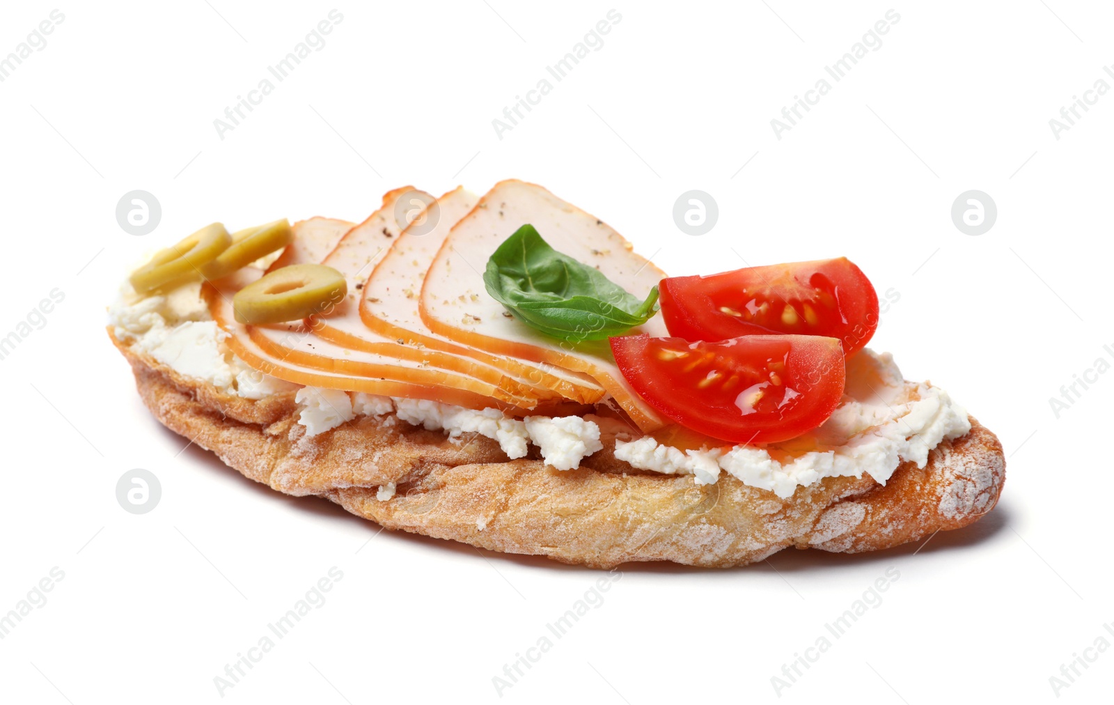 Photo of Delicious chicken bruschetta on white background. Traditional Italian antipasto