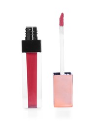 Photo of Lip gloss and applicator isolated on white. Cosmetic product