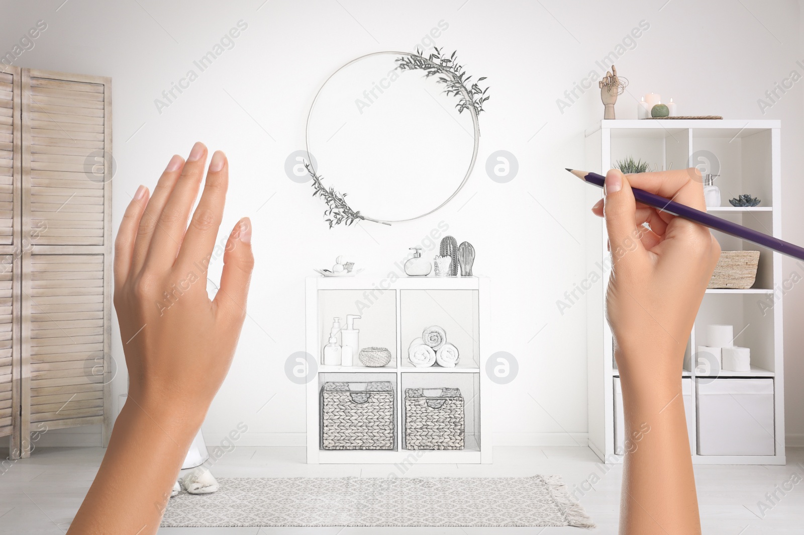 Image of Woman drawing bathroom interior design. Combination of photo and sketch