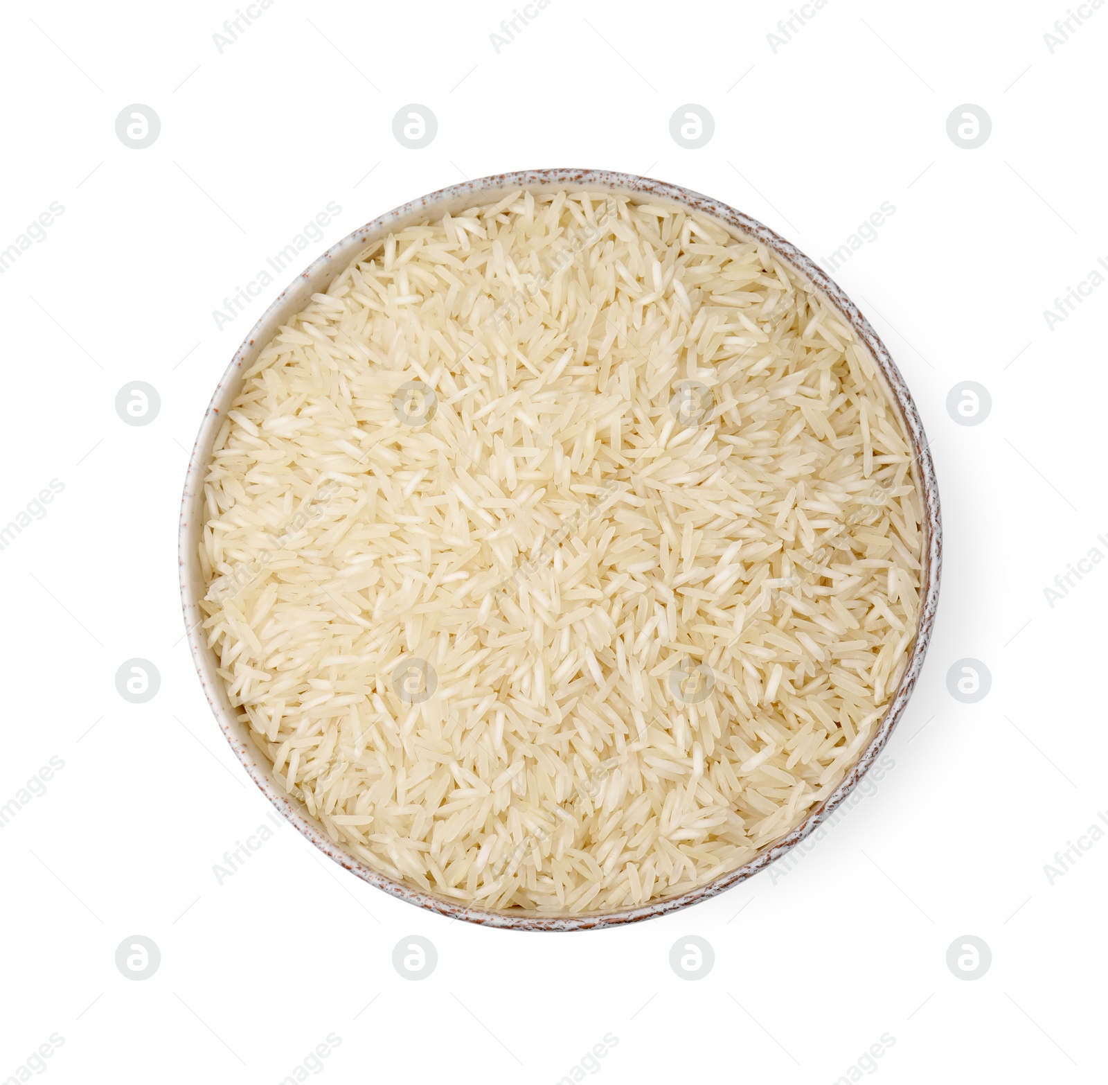 Photo of Raw rice in bowl isolated on white, top view