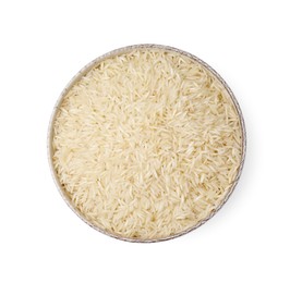 Photo of Raw rice in bowl isolated on white, top view