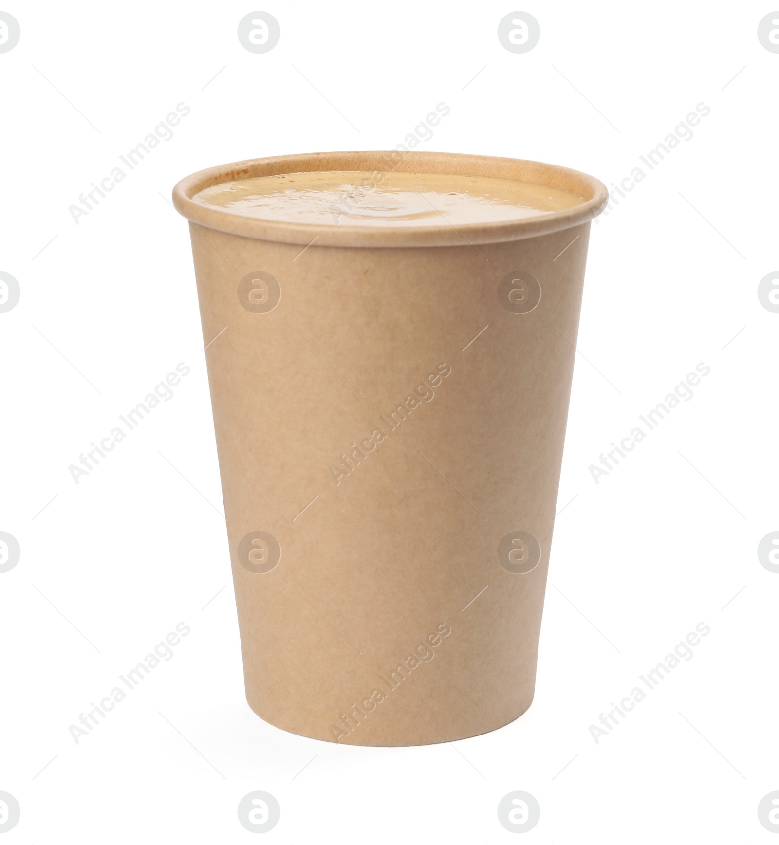 Photo of Hot coffee in takeaway paper cup isolated on white