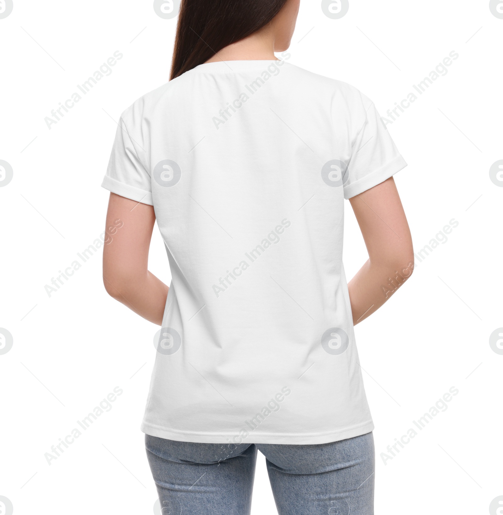 Photo of Woman wearing stylish T-shirt on white background, closeup