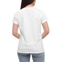 Photo of Woman wearing stylish T-shirt on white background, closeup