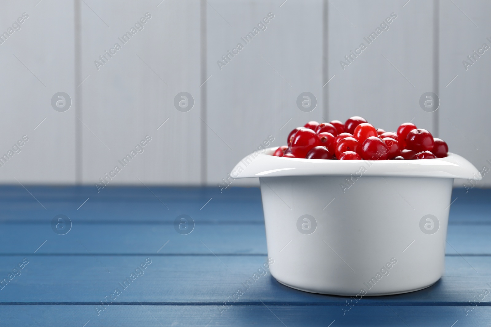 Photo of Fresh cranberries in bowl on blue wooden table, closeup. Space for text