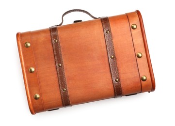 Photo of Beautiful brown suitcase on white background, top view