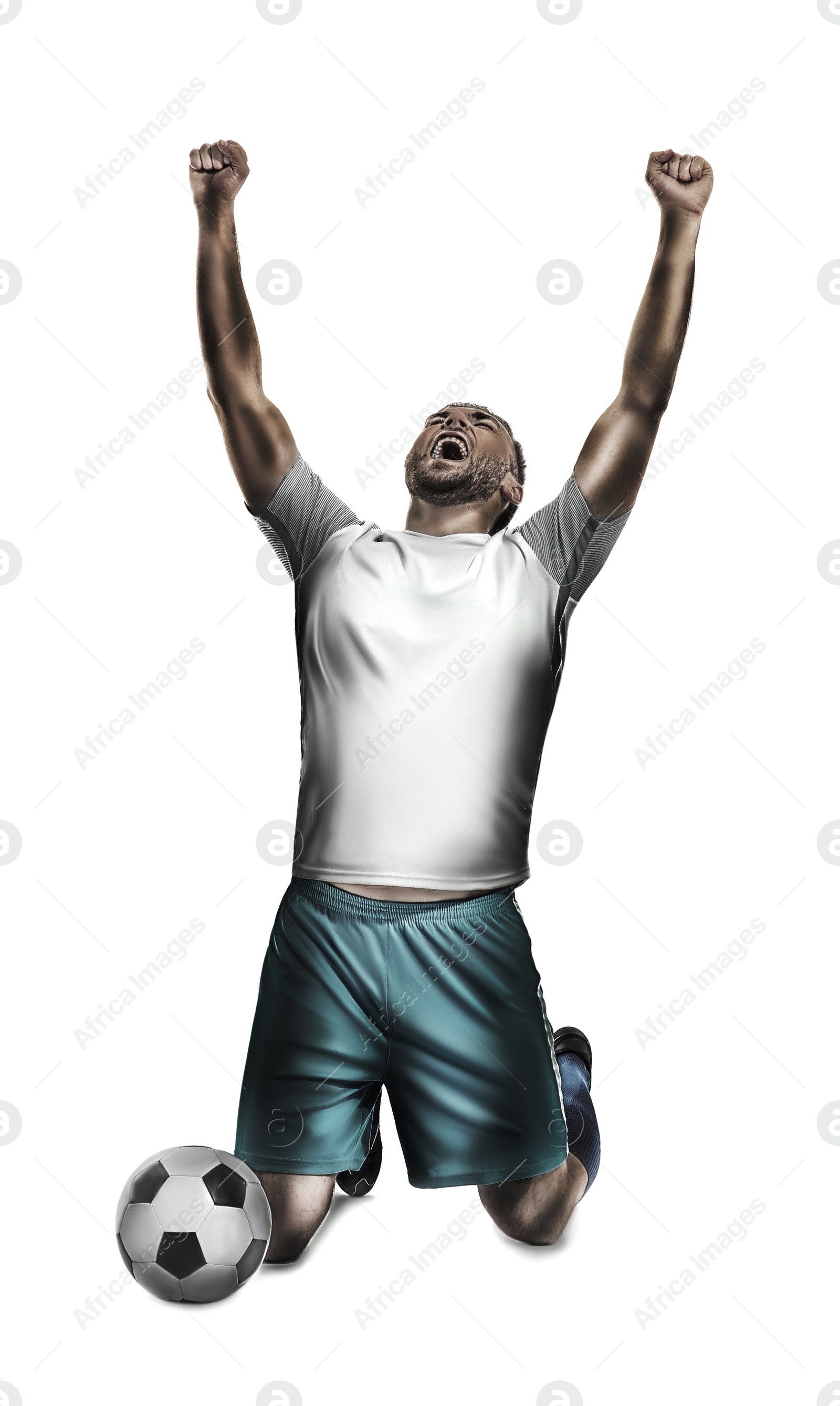 Image of Young emotional football player on white background