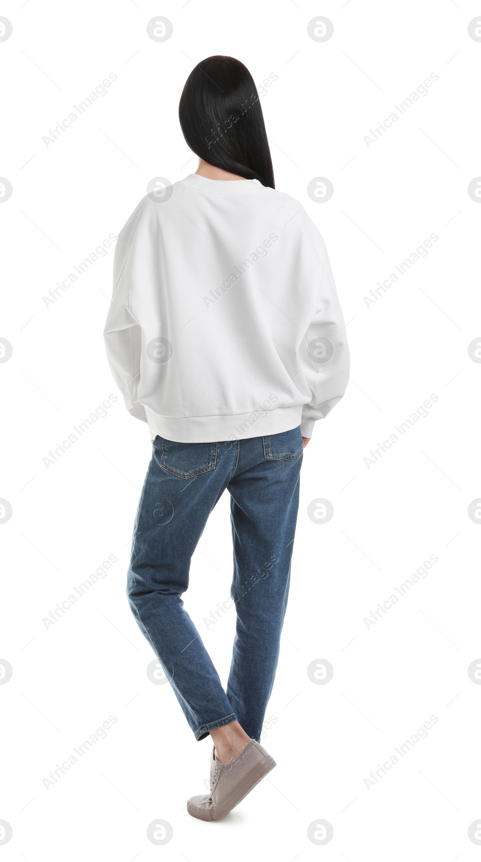 Photo of Young woman in sweater isolated on white. Mock up for design