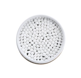 Photo of Container with new cotton buds isolated on white, top view