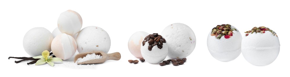 Image of Set with aromatic bath bombs on white background