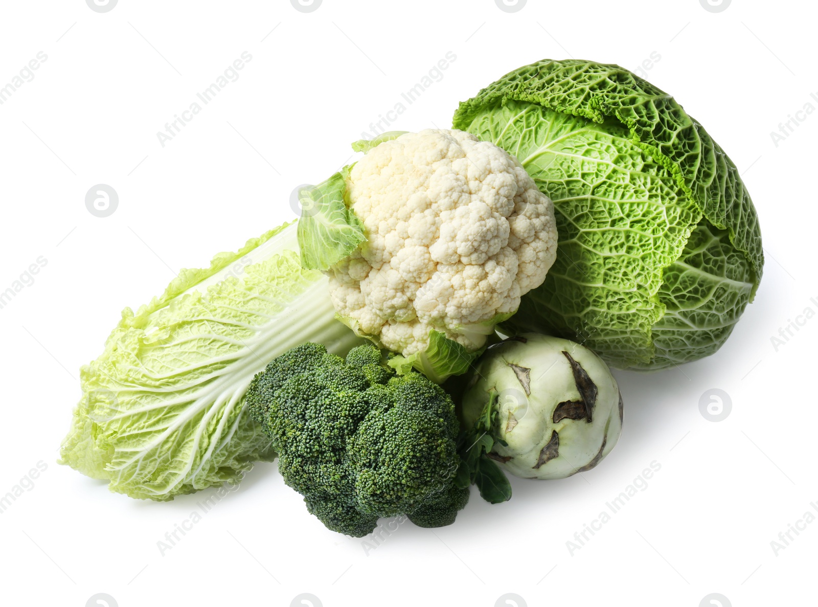 Photo of Many different types of fresh cabbage on white background